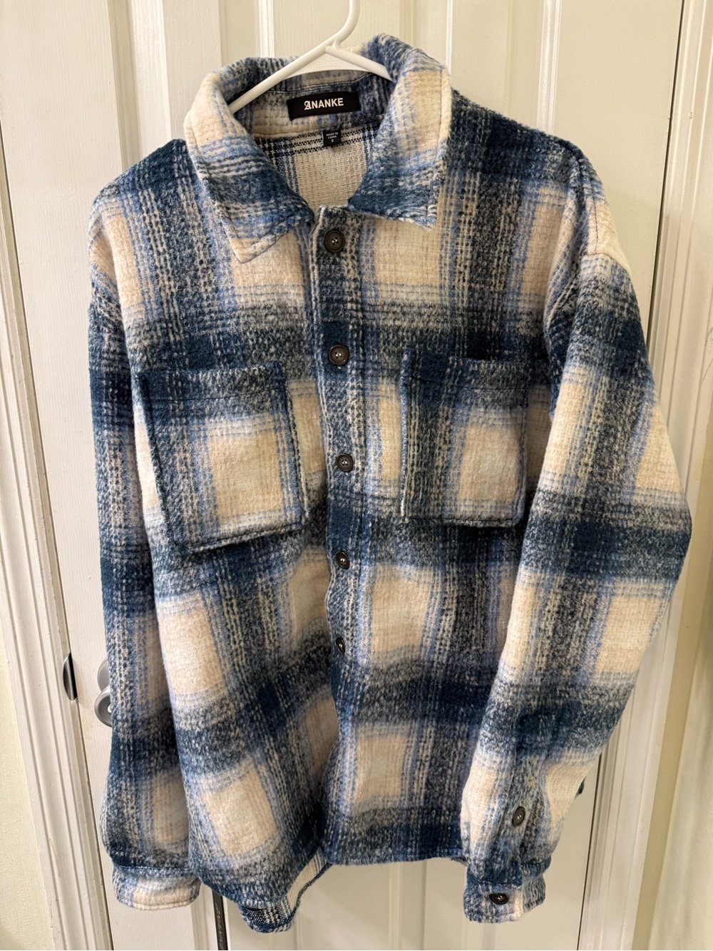 Ananke Ares Brushed Mohair and Flannel Blue & Cream Plaid Button-Up Shacket